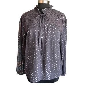 Calligraphie Black Lace Trim Metallic Clip Dot Sheer Blouse MED Whimsygoth Fairy